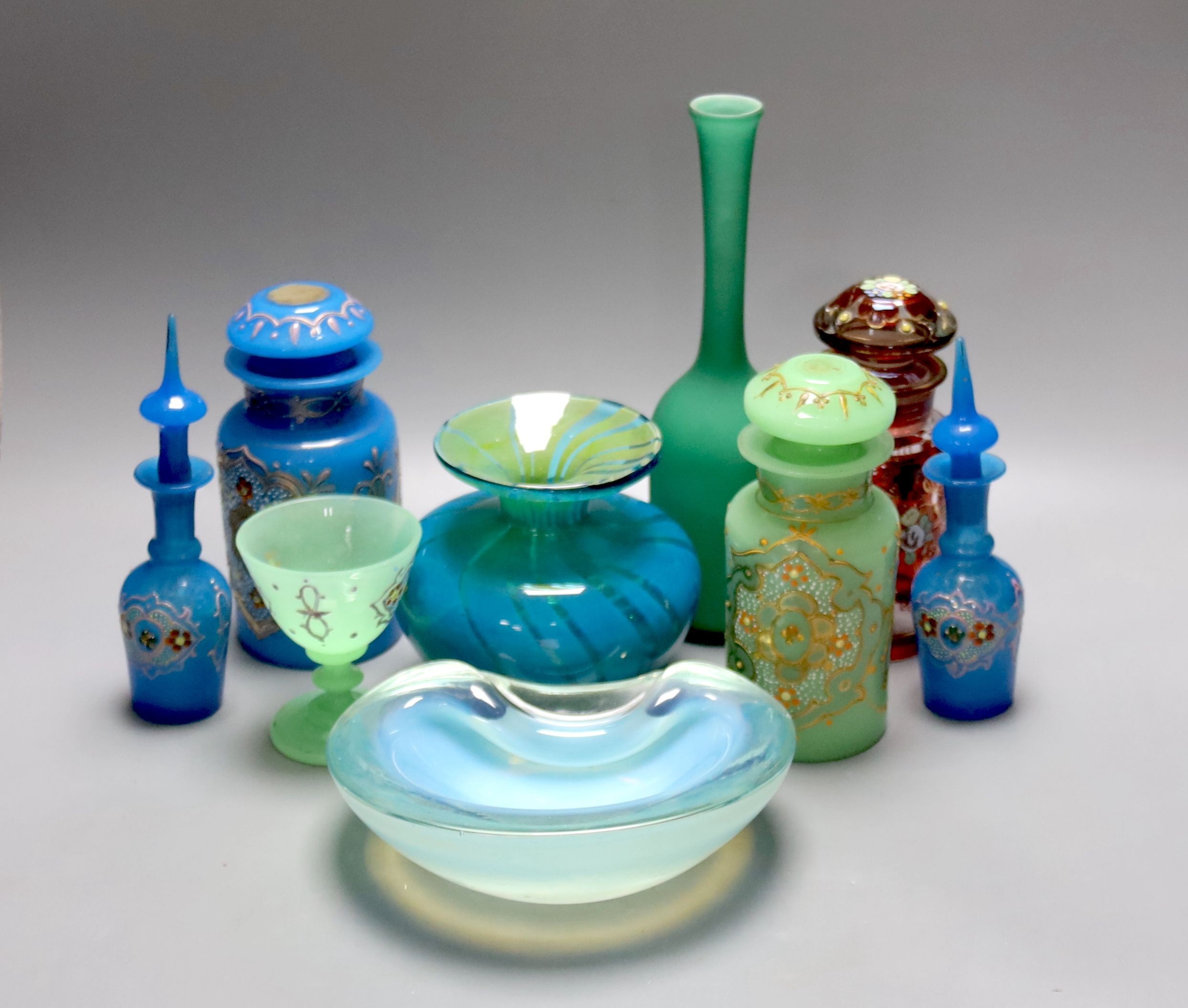 A Mdina Art glass vase and a quantity of coloured glassware, including a heavy ashtray and various 'jewelled' items